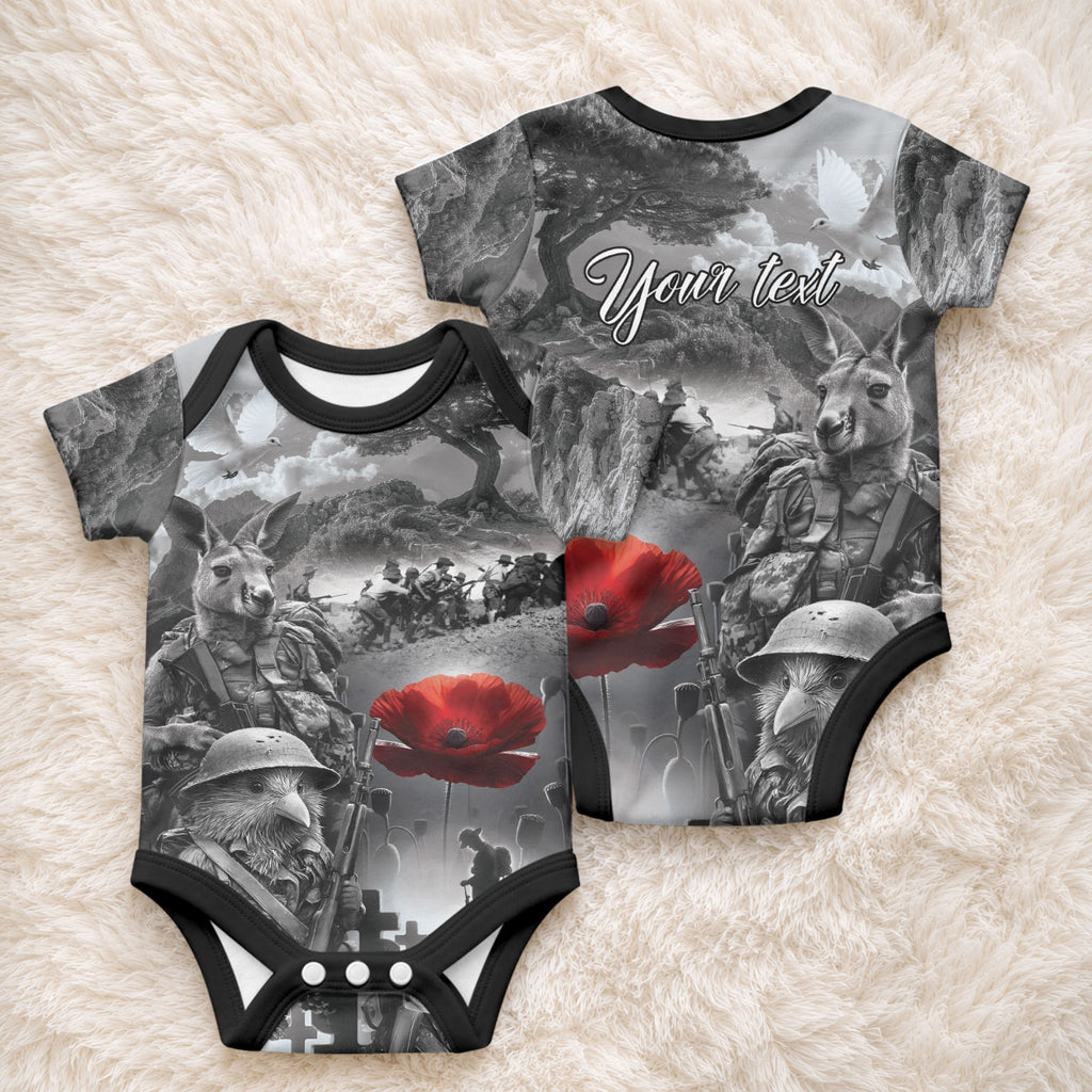 Black ANZAC Personalised The Battle of Lone Pine Baby Onesie Kiwi-Kangaroo Soldier Lest We Forget