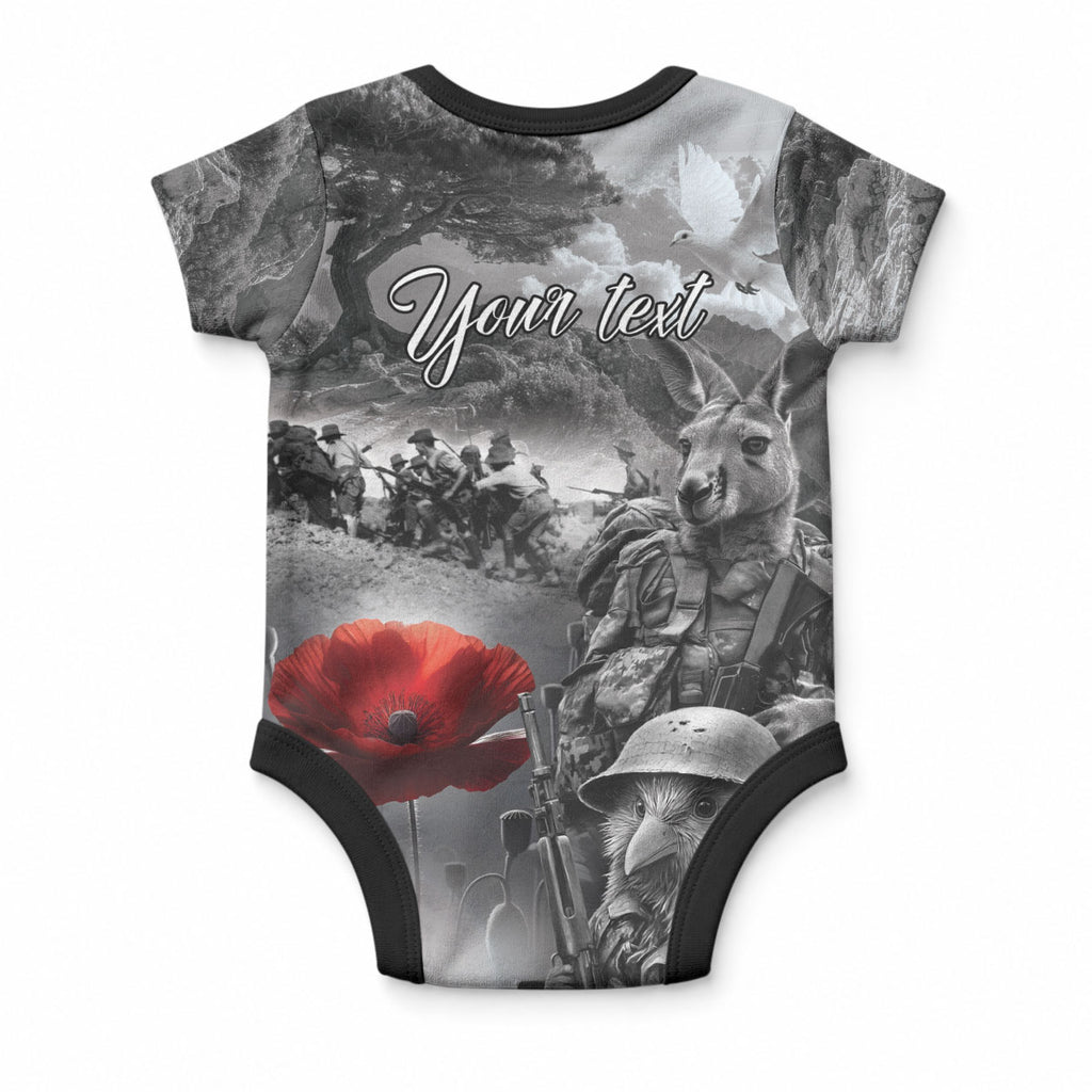Black ANZAC Personalised The Battle of Lone Pine Baby Onesie Kiwi-Kangaroo Soldier Lest We Forget