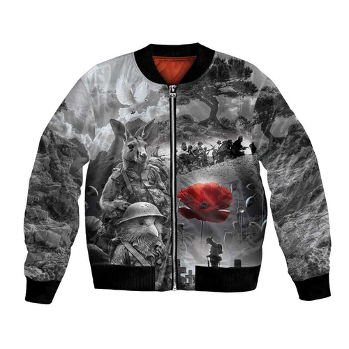 Black ANZAC Day The Battle of Lone Pine Bomber Jacket Kiwi-Kangaroo Soldier Lest We Forget