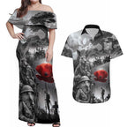 Black ANZAC Day The Battle of Lone Pine Couples Matching Off Shoulder Maxi Dress and Hawaiian Shirt Kiwi-Kangaroo Soldier Lest We Forget