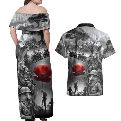 Black ANZAC Day The Battle of Lone Pine Couples Matching Off Shoulder Maxi Dress and Hawaiian Shirt Kiwi-Kangaroo Soldier Lest We Forget