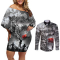 Black ANZAC Day The Battle of Lone Pine Couples Matching Off Shoulder Short Dress and Long Sleeve Button Shirt Kiwi-Kangaroo Soldier Lest We Forget