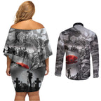 Black ANZAC Day The Battle of Lone Pine Couples Matching Off Shoulder Short Dress and Long Sleeve Button Shirt Kiwi-Kangaroo Soldier Lest We Forget