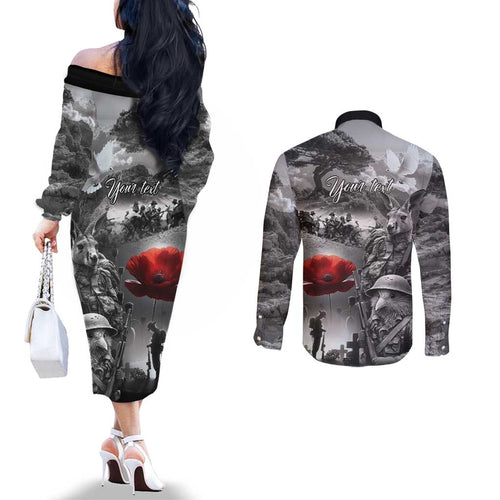 Black ANZAC Day The Battle of Lone Pine Couples Matching Off The Shoulder Long Sleeve Dress and Long Sleeve Button Shirt Kiwi-Kangaroo Soldier Lest We Forget