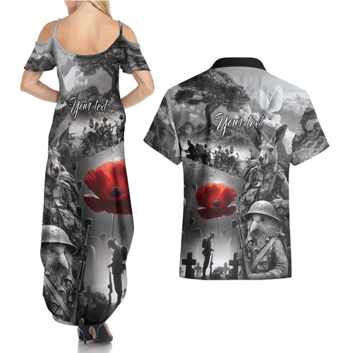 Black ANZAC Day The Battle of Lone Pine Couples Matching Summer Maxi Dress and Hawaiian Shirt Kiwi-Kangaroo Soldier Lest We Forget
