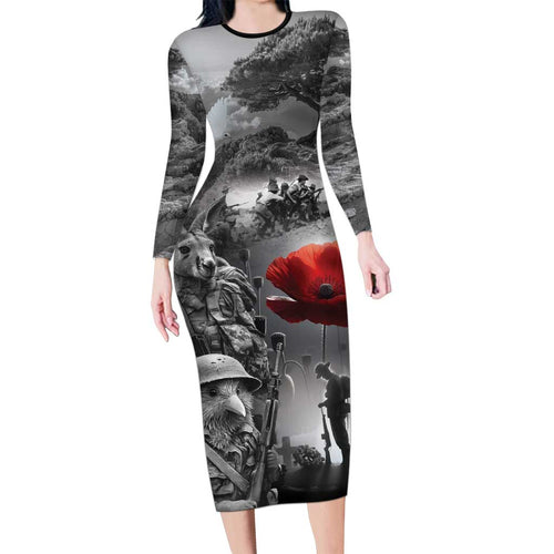Black ANZAC Day The Battle of Lone Pine Family Matching Long Sleeve Bodycon Dress and Hawaiian Shirt Kiwi-Kangaroo Soldier Lest We Forget