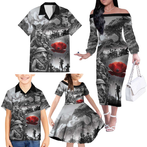 Black ANZAC Day The Battle of Lone Pine Family Matching Off The Shoulder Long Sleeve Dress and Hawaiian Shirt Kiwi-Kangaroo Soldier Lest We Forget