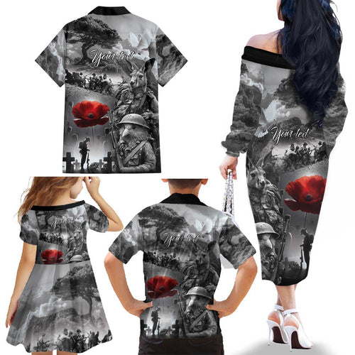 Black ANZAC Day The Battle of Lone Pine Family Matching Off The Shoulder Long Sleeve Dress and Hawaiian Shirt Kiwi-Kangaroo Soldier Lest We Forget