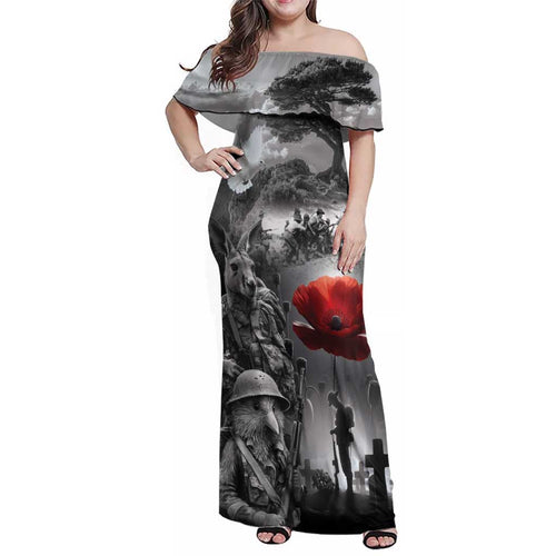 Black ANZAC Day The Battle of Lone Pine Family Matching Off Shoulder Maxi Dress and Hawaiian Shirt Kiwi-Kangaroo Soldier Lest We Forget