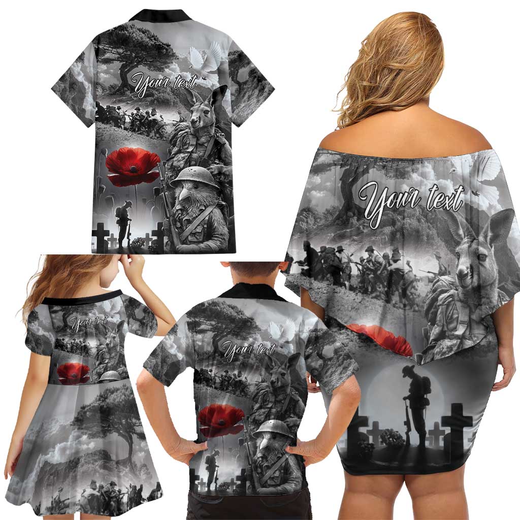 Black ANZAC Day The Battle of Lone Pine Family Matching Off Shoulder Short Dress and Hawaiian Shirt Kiwi-Kangaroo Soldier Lest We Forget