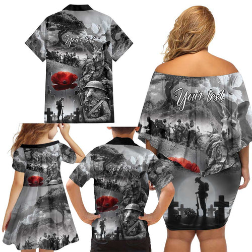 Black ANZAC Day The Battle of Lone Pine Family Matching Off Shoulder Short Dress and Hawaiian Shirt Kiwi-Kangaroo Soldier Lest We Forget