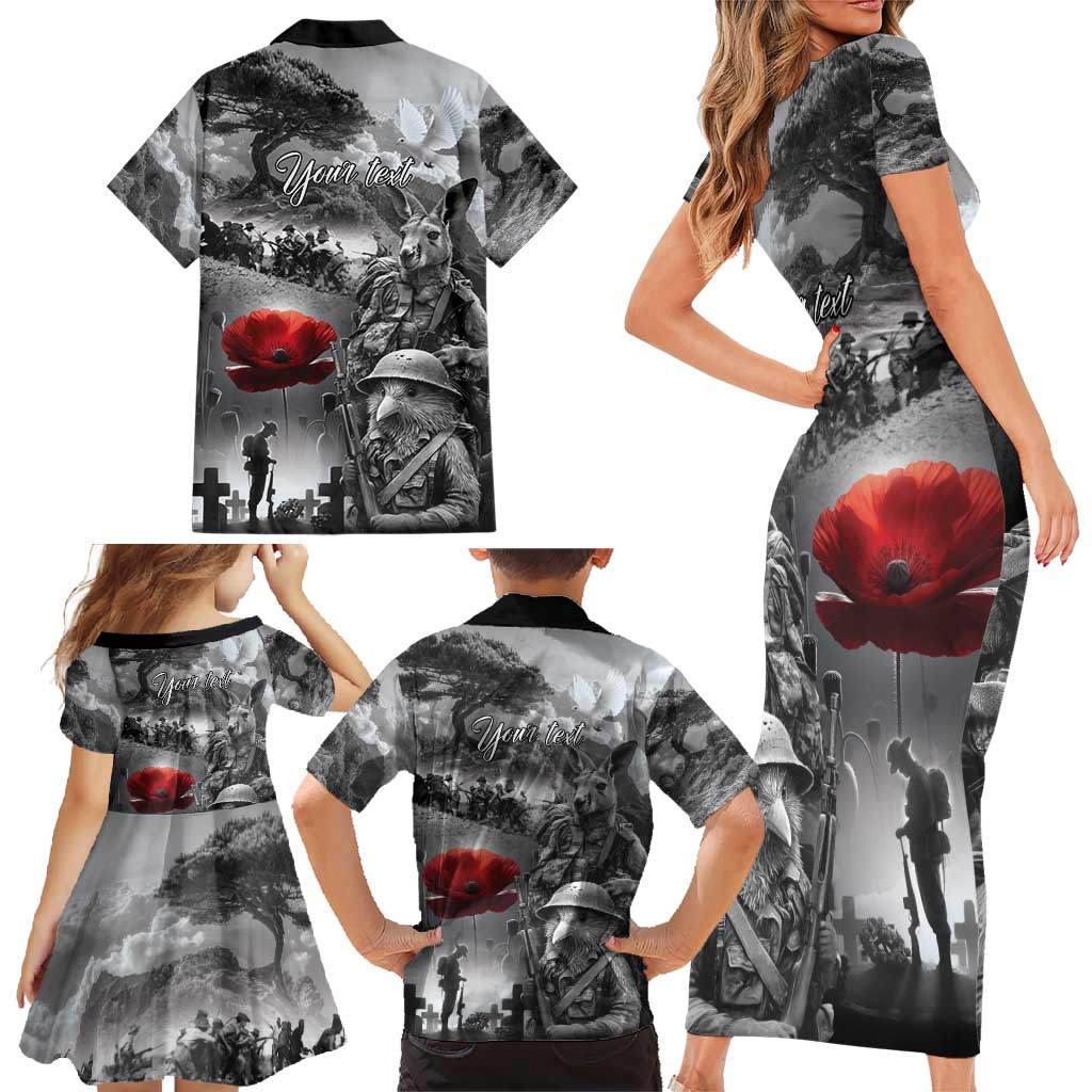 Black ANZAC Day The Battle of Lone Pine Family Matching Short Sleeve Bodycon Dress and Hawaiian Shirt Kiwi-Kangaroo Soldier Lest We Forget