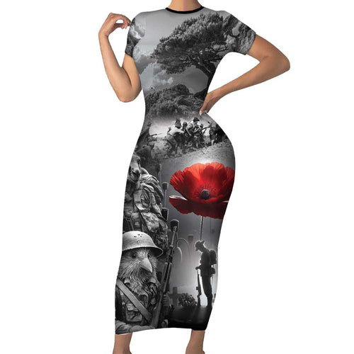 Black ANZAC Day The Battle of Lone Pine Family Matching Short Sleeve Bodycon Dress and Hawaiian Shirt Kiwi-Kangaroo Soldier Lest We Forget