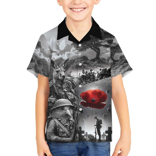 Black ANZAC Day The Battle of Lone Pine Family Matching Short Sleeve Bodycon Dress and Hawaiian Shirt Kiwi-Kangaroo Soldier Lest We Forget