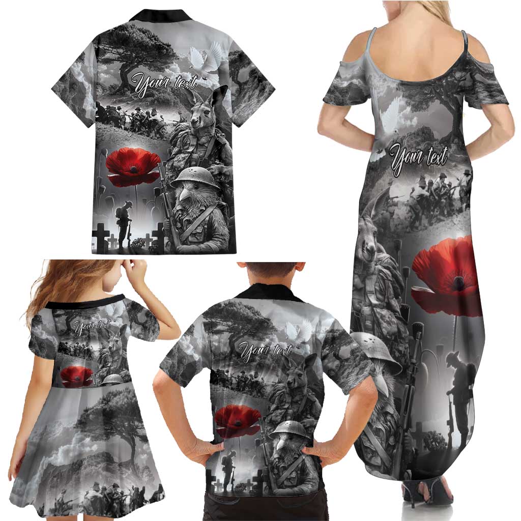 Black ANZAC Day The Battle of Lone Pine Family Matching Summer Maxi Dress and Hawaiian Shirt Kiwi-Kangaroo Soldier Lest We Forget