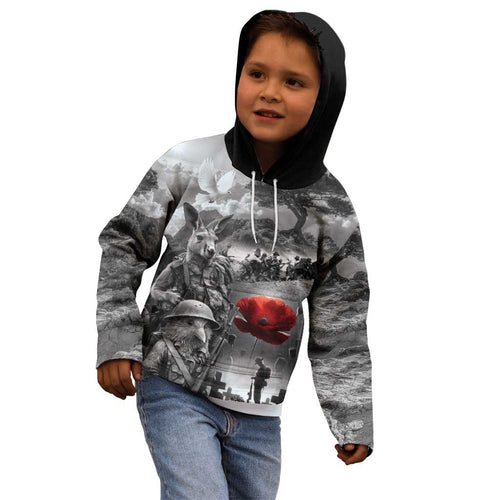 Black ANZAC Day The Battle of Lone Pine Kid Hoodie Kiwi-Kangaroo Soldier Lest We Forget