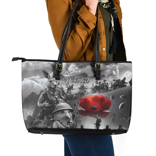 Black ANZAC Day The Battle of Lone Pine Leather Tote Bag Kiwi-Kangaroo Soldier Lest We Forget