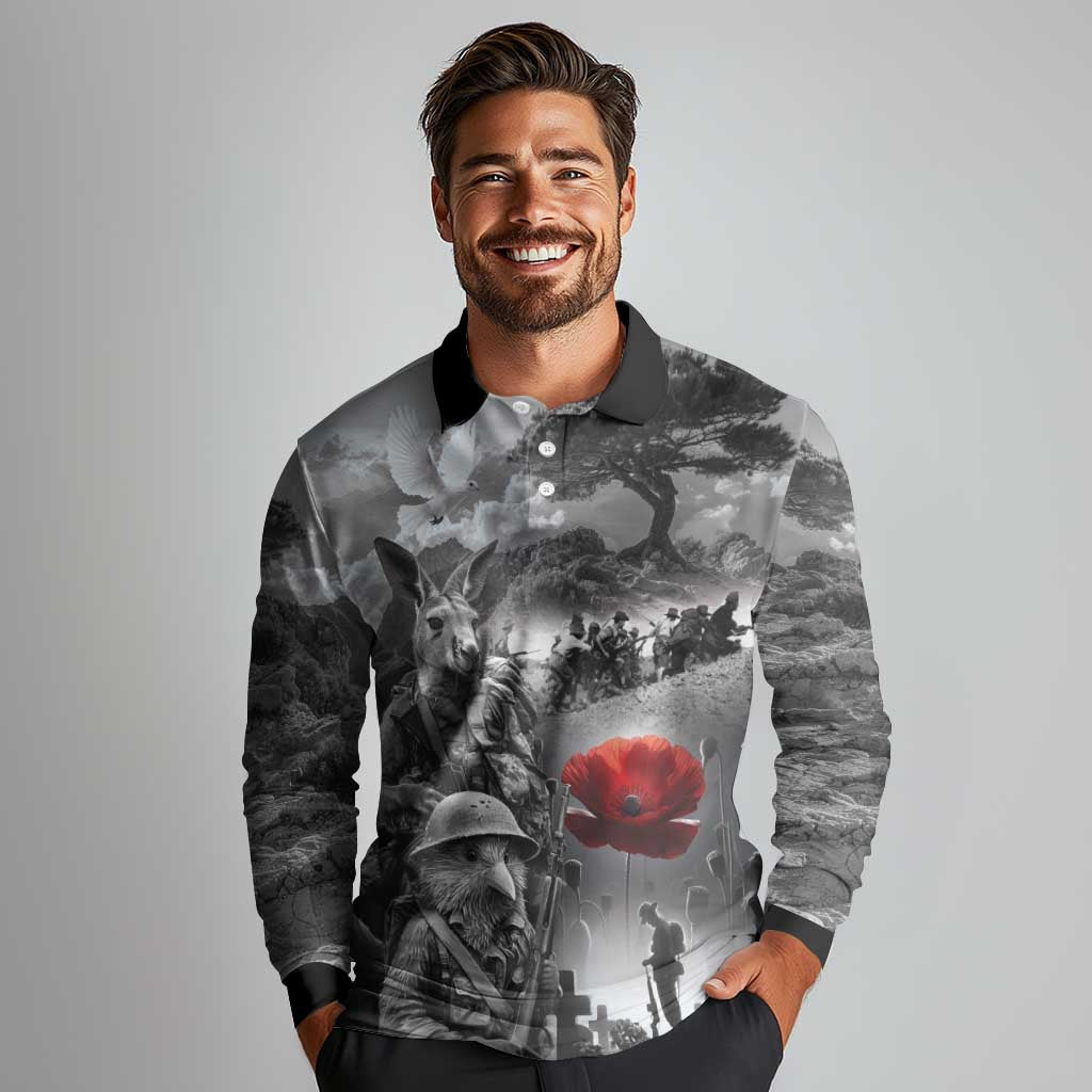 Black ANZAC Day The Battle of Lone Pine Long Sleeve Polo Shirt Kiwi-Kangaroo Soldier Lest We Forget