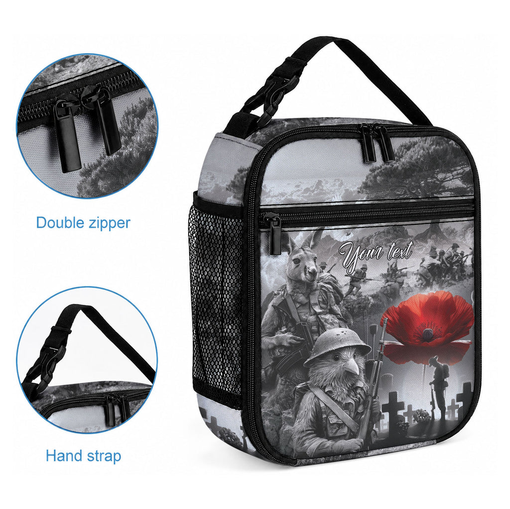 Black ANZAC Personalised The Battle of Lone Pine Lunch Bag Kiwi-Kangaroo Soldier Lest We Forget