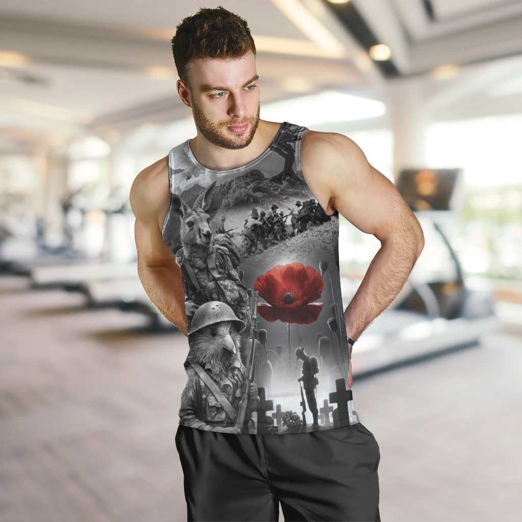 Black ANZAC Day The Battle of Lone Pine Men Tank Top Kiwi-Kangaroo Soldier Lest We Forget