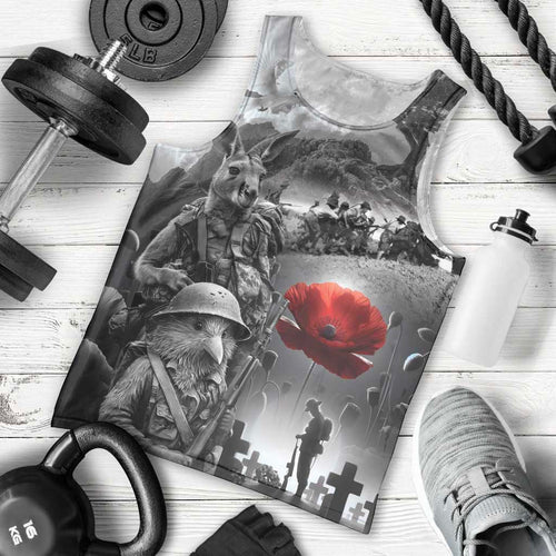 Black ANZAC Day The Battle of Lone Pine Men Tank Top Kiwi-Kangaroo Soldier Lest We Forget