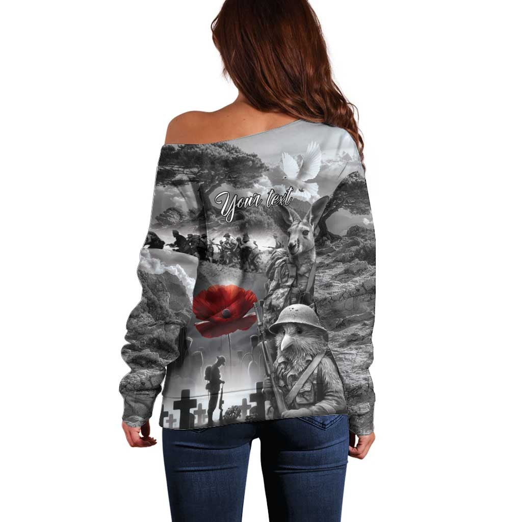 Black ANZAC Day The Battle of Lone Pine Off Shoulder Sweater Kiwi-Kangaroo Soldier Lest We Forget