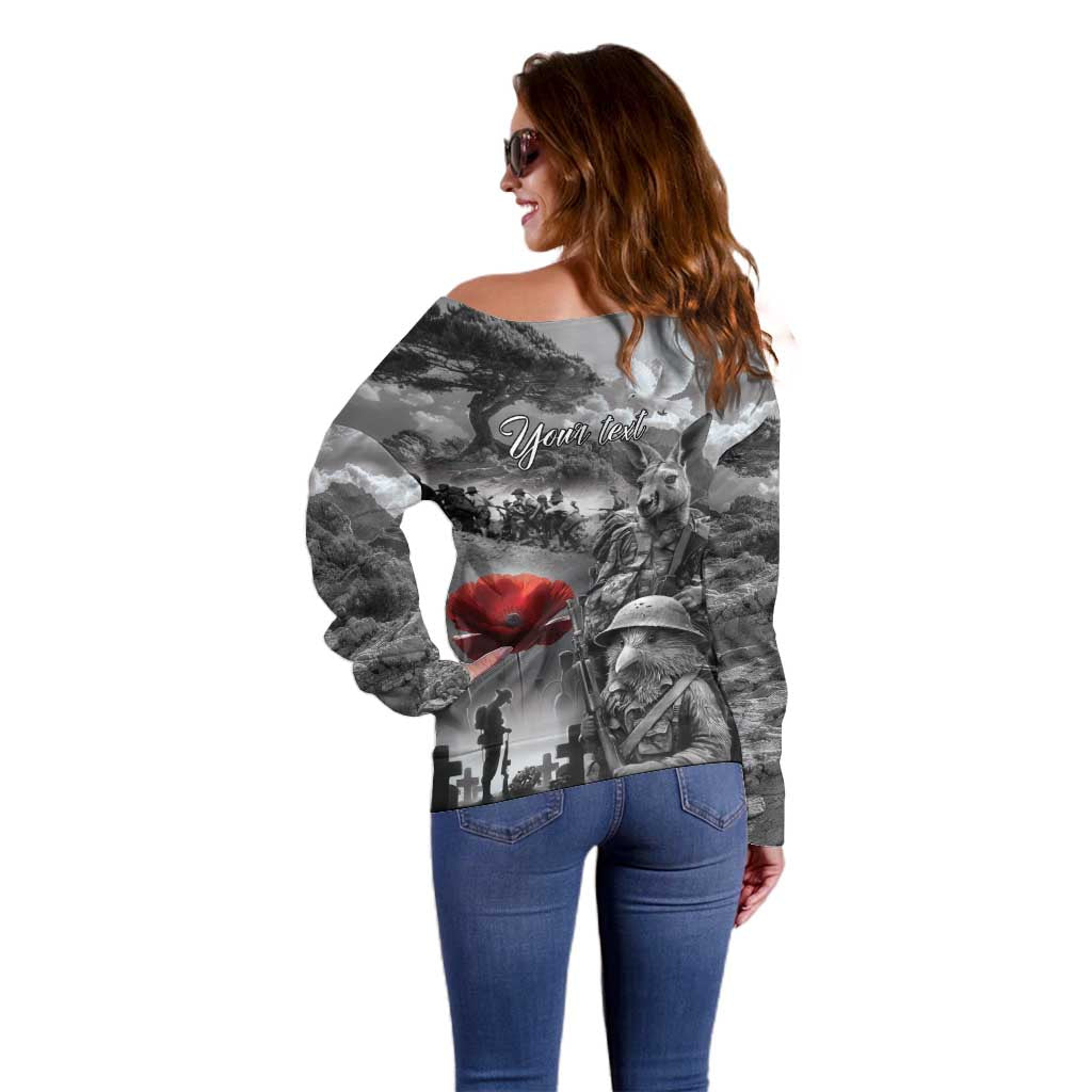 Black ANZAC Day The Battle of Lone Pine Off Shoulder Sweater Kiwi-Kangaroo Soldier Lest We Forget