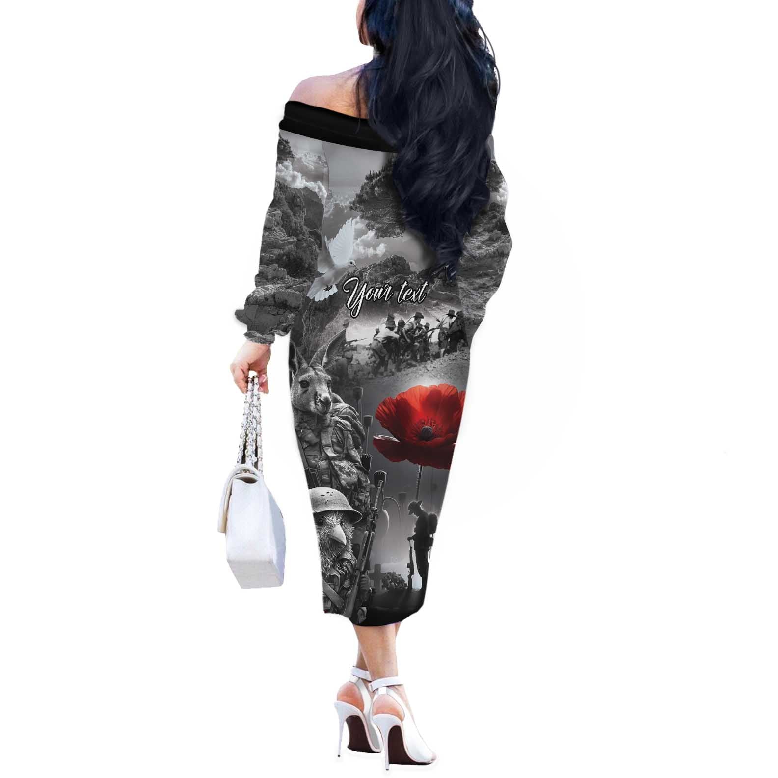 Black ANZAC Day The Battle of Lone Pine Off The Shoulder Long Sleeve Dress Kiwi-Kangaroo Soldier Lest We Forget