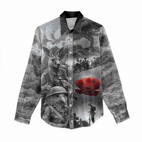 Black ANZAC Day The Battle of Lone Pine Women Casual Shirt Kiwi-Kangaroo Soldier Lest We Forget