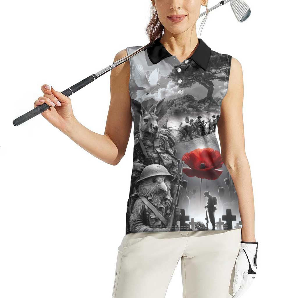 Black ANZAC Day The Battle of Lone Pine Women Sleeveless Polo Shirt Kiwi-Kangaroo Soldier Lest We Forget