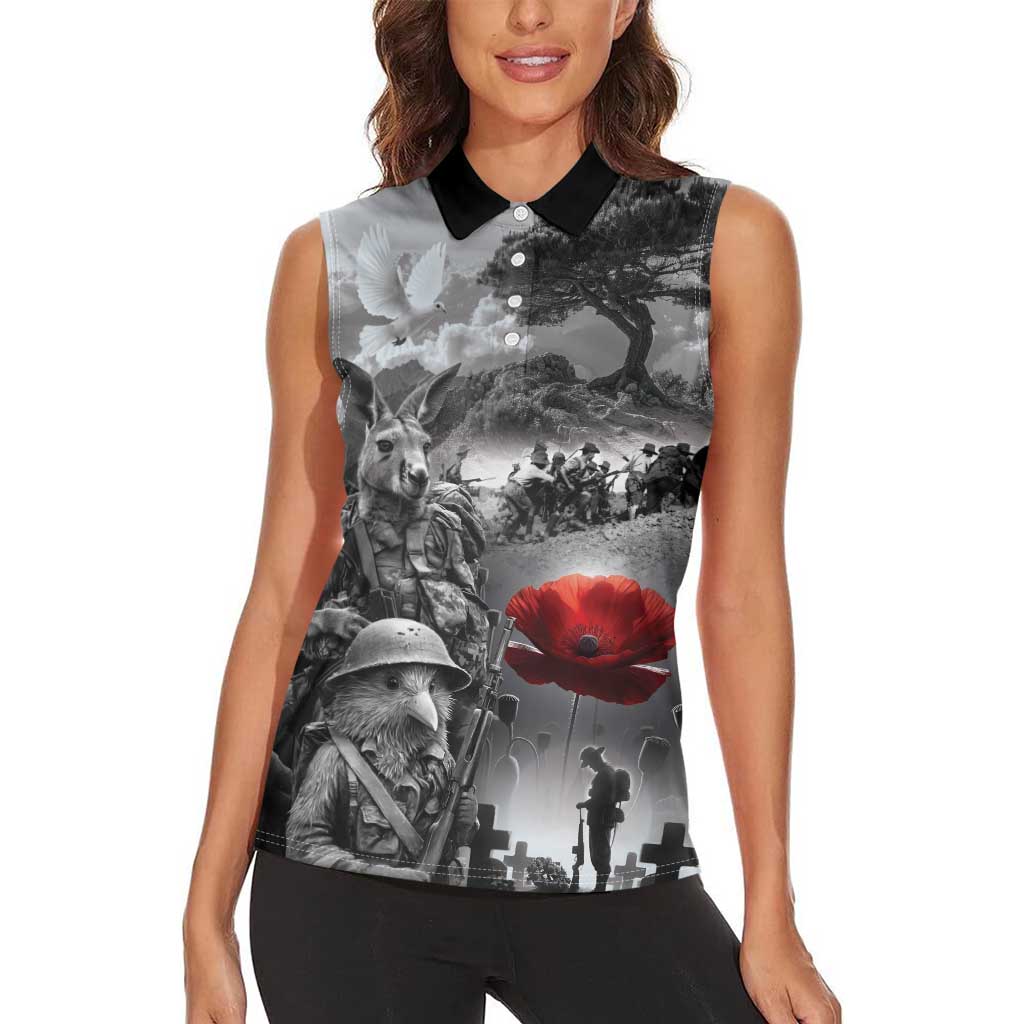 Black ANZAC Day The Battle of Lone Pine Women Sleeveless Polo Shirt Kiwi-Kangaroo Soldier Lest We Forget