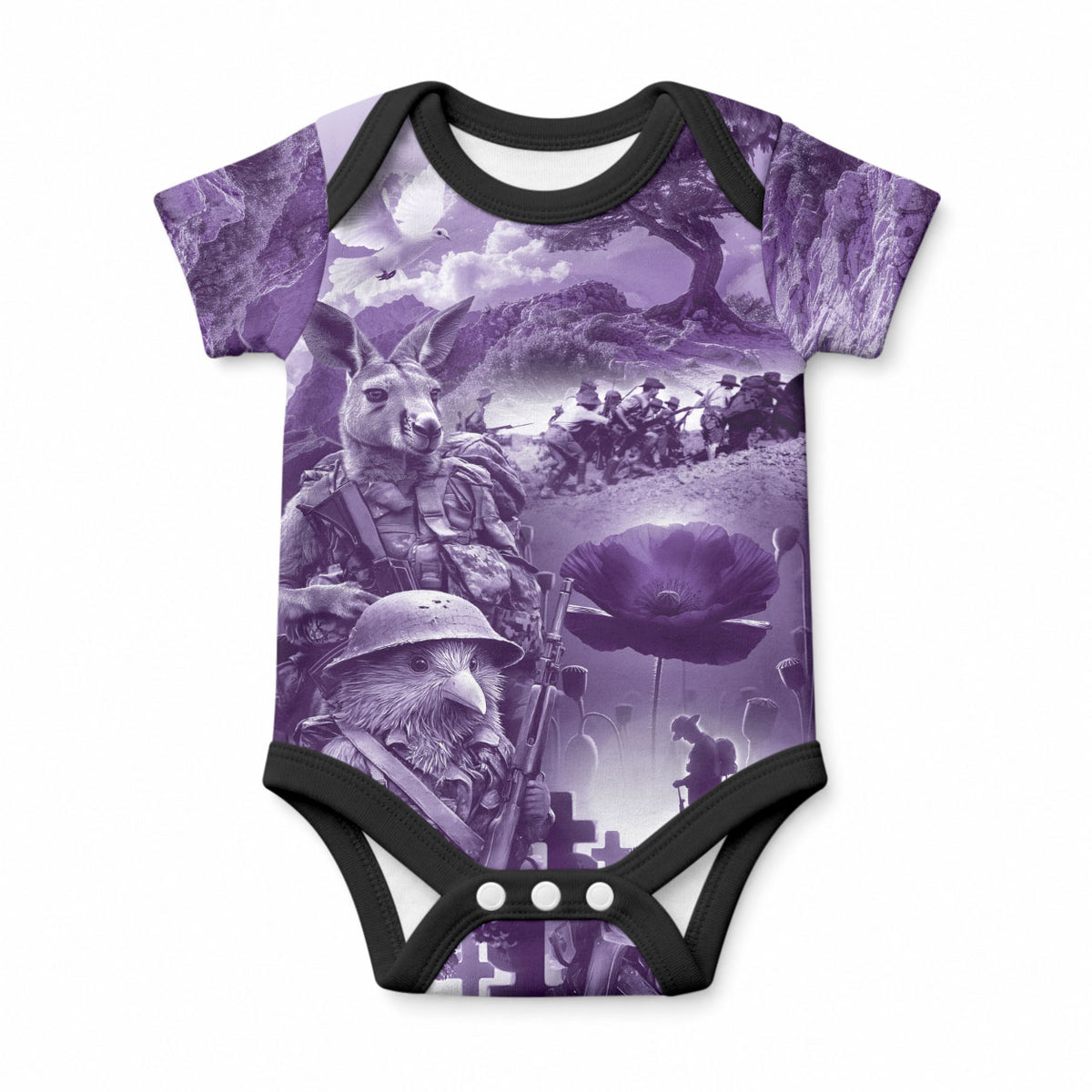 Purple ANZAC Personalised The Battle of Lone Pine Baby Onesie Kiwi-Kangaroo Soldier Lest We Forget