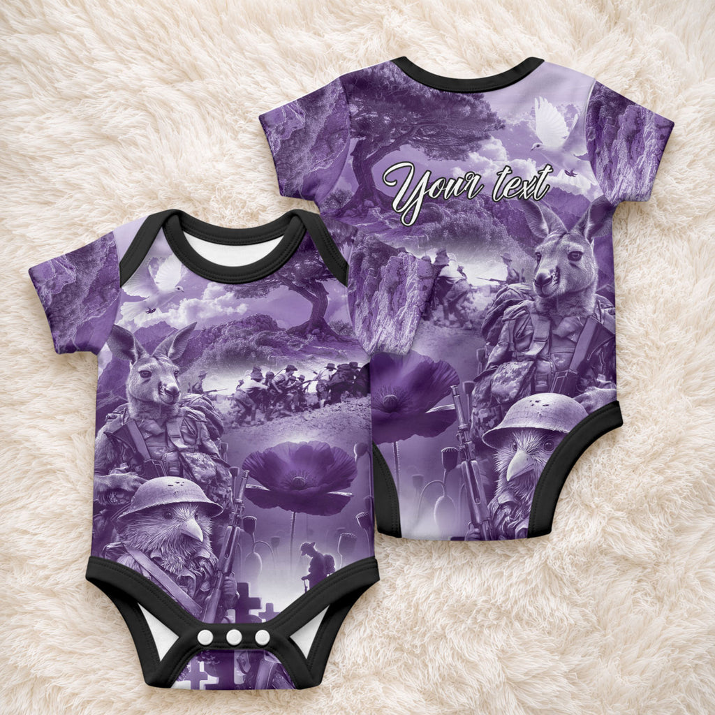 Purple ANZAC Personalised The Battle of Lone Pine Baby Onesie Kiwi-Kangaroo Soldier Lest We Forget