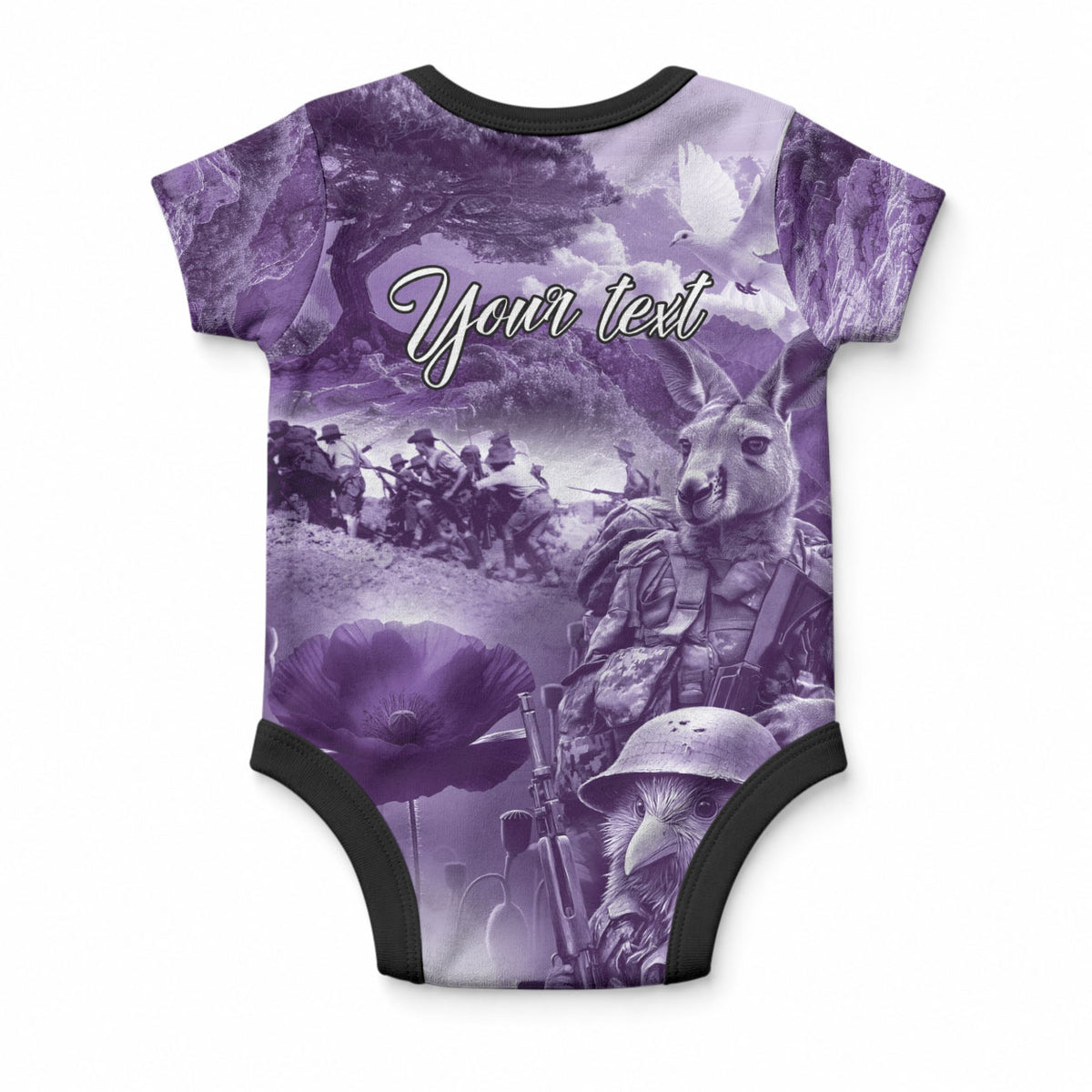 Purple ANZAC Personalised The Battle of Lone Pine Baby Onesie Kiwi-Kangaroo Soldier Lest We Forget