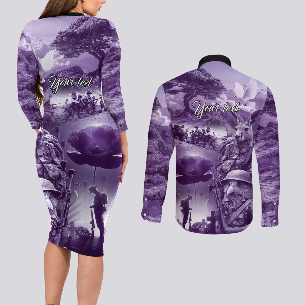 Purple ANZAC Day The Battle of Lone Pine Couples Matching Long Sleeve Bodycon Dress and Long Sleeve Button Shirt Kiwi-Kangaroo Soldier Lest We Forget