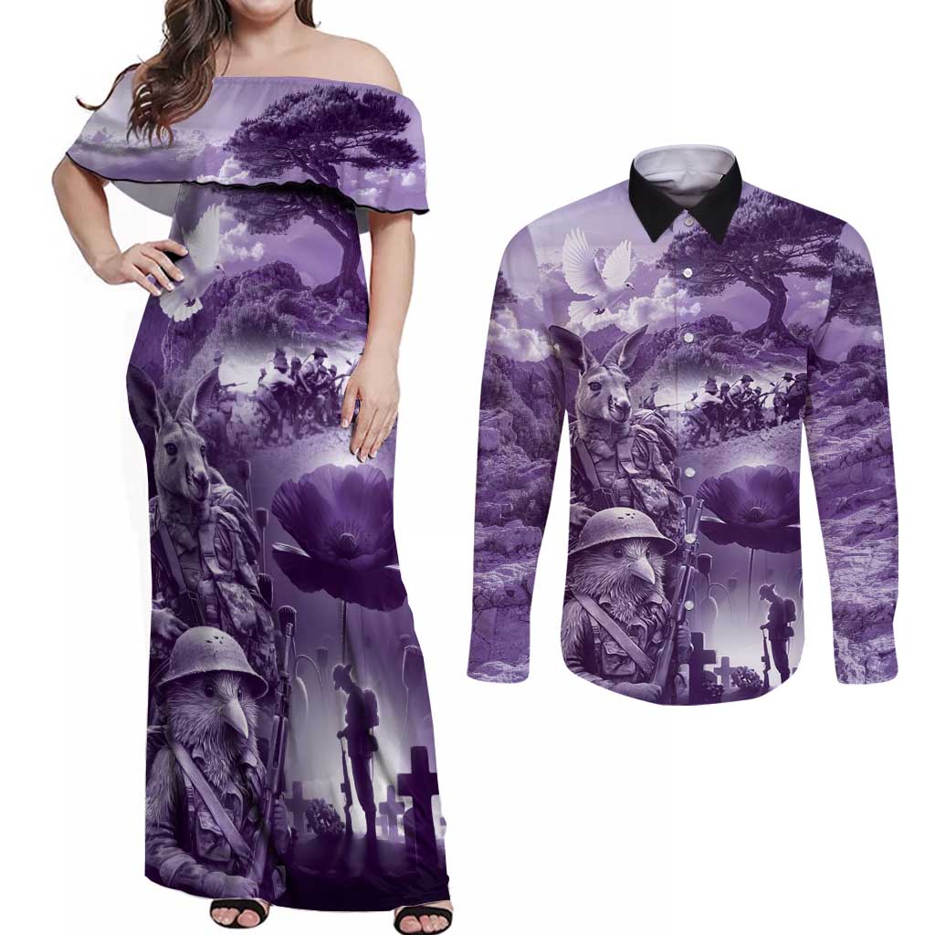 Purple ANZAC Day The Battle of Lone Pine Couples Matching Off Shoulder Maxi Dress and Long Sleeve Button Shirt Kiwi-Kangaroo Soldier Lest We Forget