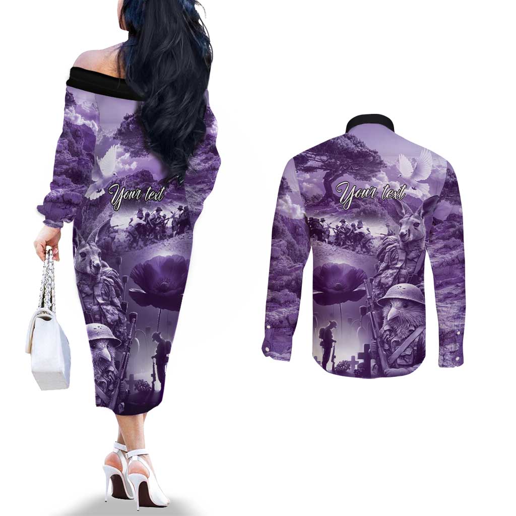 Purple ANZAC Day The Battle of Lone Pine Couples Matching Off The Shoulder Long Sleeve Dress and Long Sleeve Button Shirt Kiwi-Kangaroo Soldier Lest We Forget