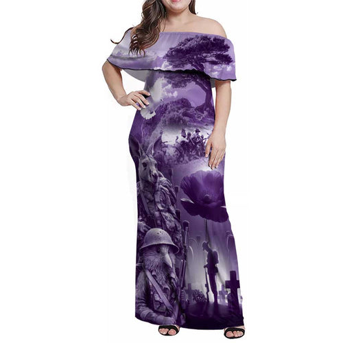 Purple ANZAC Day The Battle of Lone Pine Family Matching Off Shoulder Maxi Dress and Hawaiian Shirt Kiwi-Kangaroo Soldier Lest We Forget
