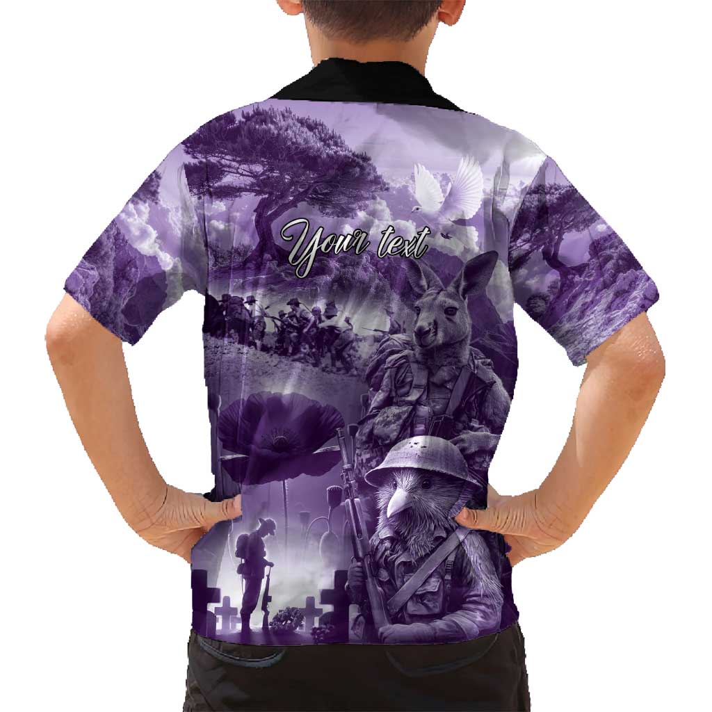 Purple ANZAC Day The Battle of Lone Pine Family Matching Off Shoulder Short Dress and Hawaiian Shirt Kiwi-Kangaroo Soldier Lest We Forget