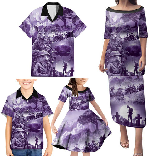 Purple ANZAC Day The Battle of Lone Pine Family Matching Puletasi and Hawaiian Shirt Kiwi-Kangaroo Soldier Lest We Forget