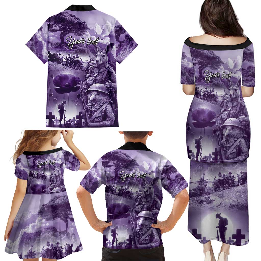 Purple ANZAC Day The Battle of Lone Pine Family Matching Puletasi and Hawaiian Shirt Kiwi-Kangaroo Soldier Lest We Forget