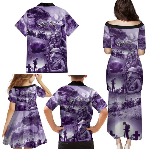Purple ANZAC Day The Battle of Lone Pine Family Matching Puletasi and Hawaiian Shirt Kiwi-Kangaroo Soldier Lest We Forget
