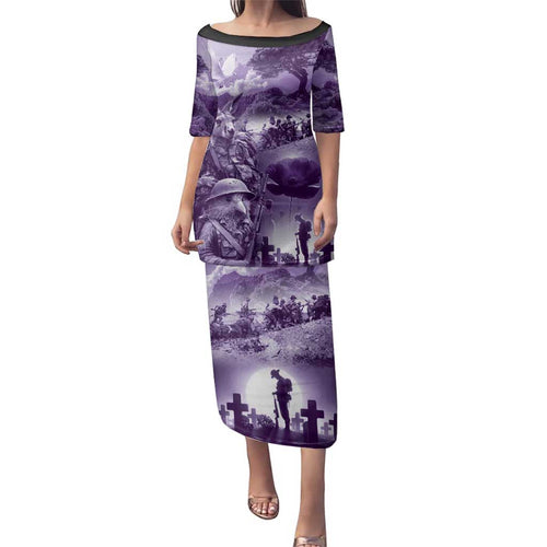Purple ANZAC Day The Battle of Lone Pine Family Matching Puletasi and Hawaiian Shirt Kiwi-Kangaroo Soldier Lest We Forget
