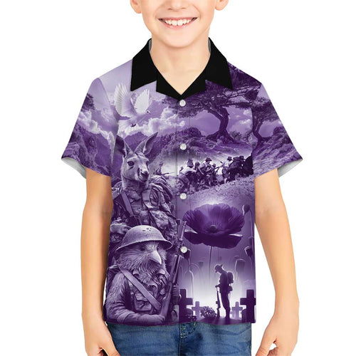 Purple ANZAC Day The Battle of Lone Pine Hawaiian Shirt Kiwi-Kangaroo Soldier Lest We Forget