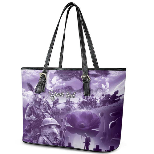 Purple ANZAC Day The Battle of Lone Pine Leather Tote Bag Kiwi-Kangaroo Soldier Lest We Forget