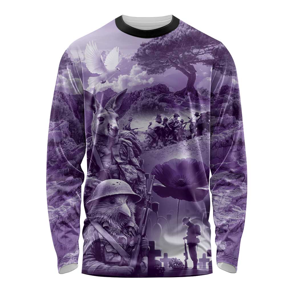 Purple ANZAC Day The Battle of Lone Pine Long Sleeve Shirt Kiwi-Kangaroo Soldier Lest We Forget