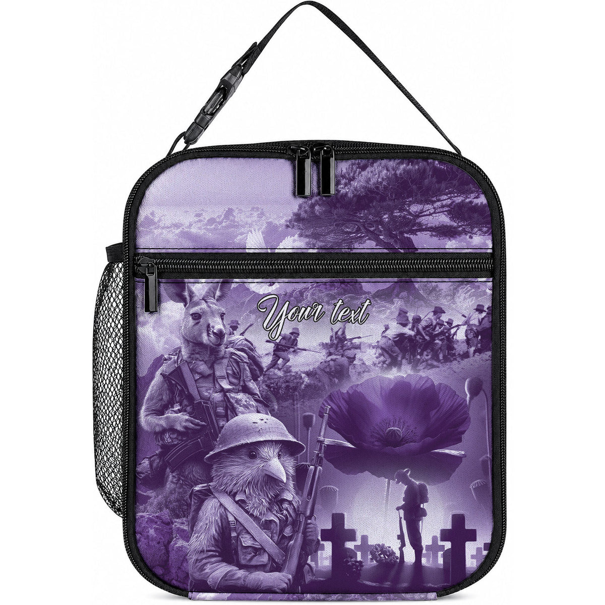 Purple ANZAC Personalised The Battle of Lone Pine Lunch Bag Kiwi-Kangaroo Soldier Lest We Forget