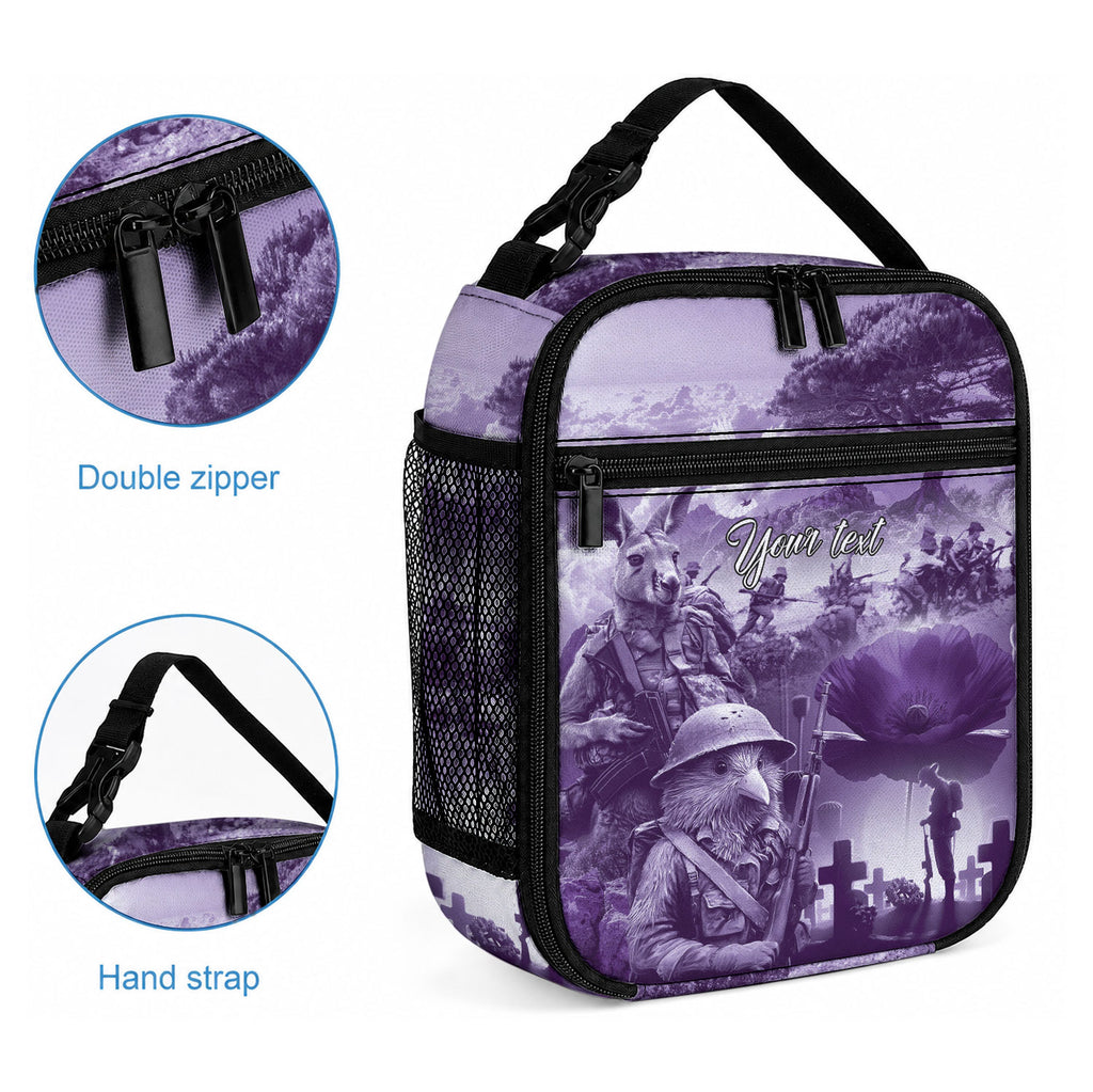 Purple ANZAC Personalised The Battle of Lone Pine Lunch Bag Kiwi-Kangaroo Soldier Lest We Forget