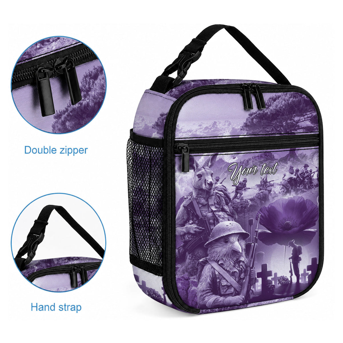Purple ANZAC Personalised The Battle of Lone Pine Lunch Bag Kiwi-Kangaroo Soldier Lest We Forget