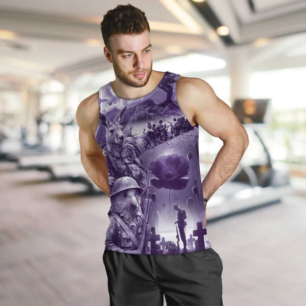 Purple ANZAC Day The Battle of Lone Pine Men Tank Top Kiwi-Kangaroo Soldier Lest We Forget